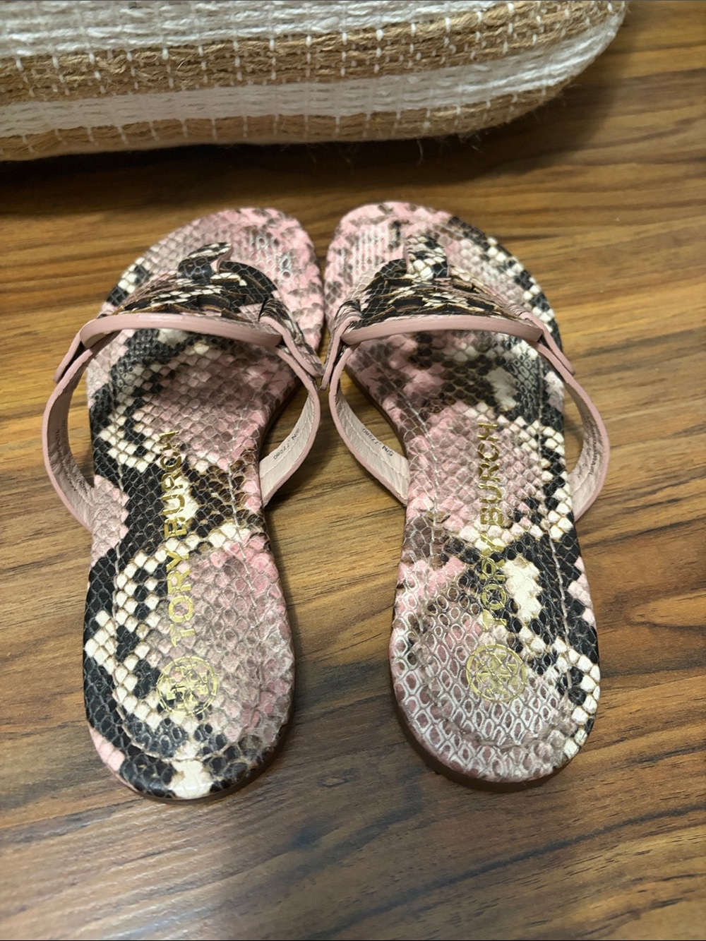 Tory Burch Pink and Black Snake-Print Thong Sandals **authentic**